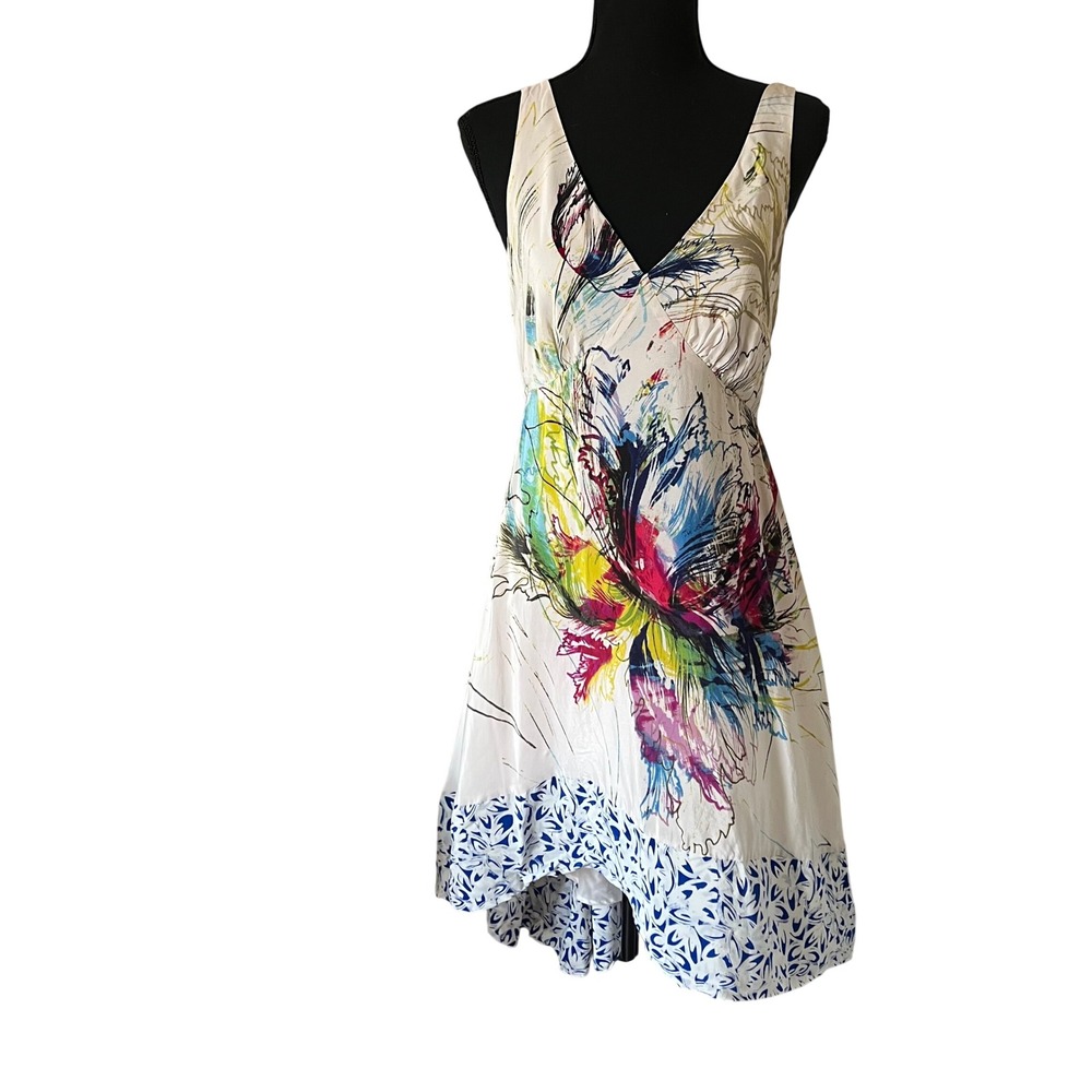Maeve Women 100% Silk Dress Size 8 White Multicolor High Low Hem Cocktail Chic